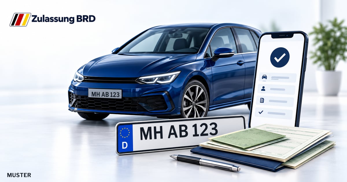 Online Fahrzeugzulassung in Mülheim a.d.Ruhr: Musterkennzeichen MH AB 123, Auto und Fahrzeugpapiere und Smartphone. Illustration mit Logo von Zulassung BRD.